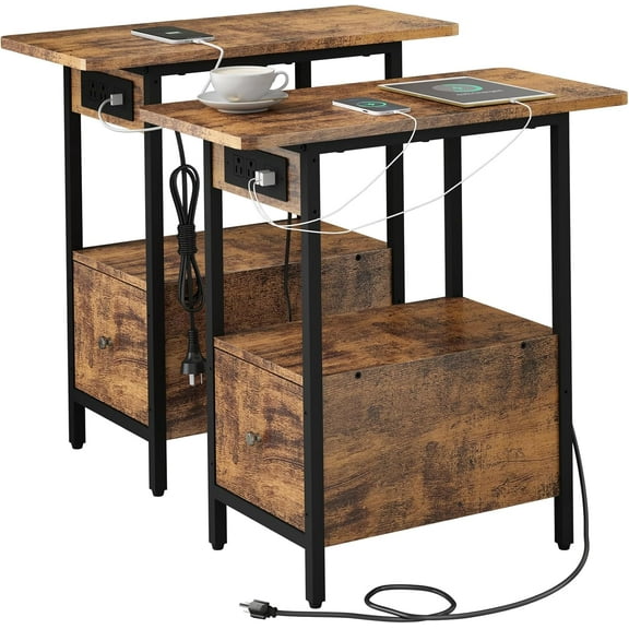 LIDYUK End Table with Charging Station, Narrow Side Table with Drawer and USB Ports & Power Outlets, Nightstand Bedside Tables for Small Spaces, Bedroom, Living Room, Rustic Brown, Set of 2