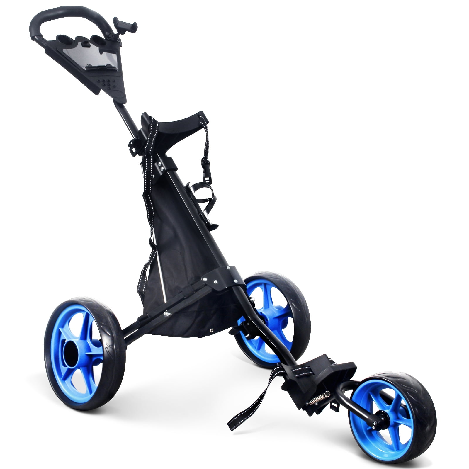 LIEAGLE Folding 3 Wheels Golf Push Cart with Bag Umbrella Holder Scoreboard Adjustable Handle