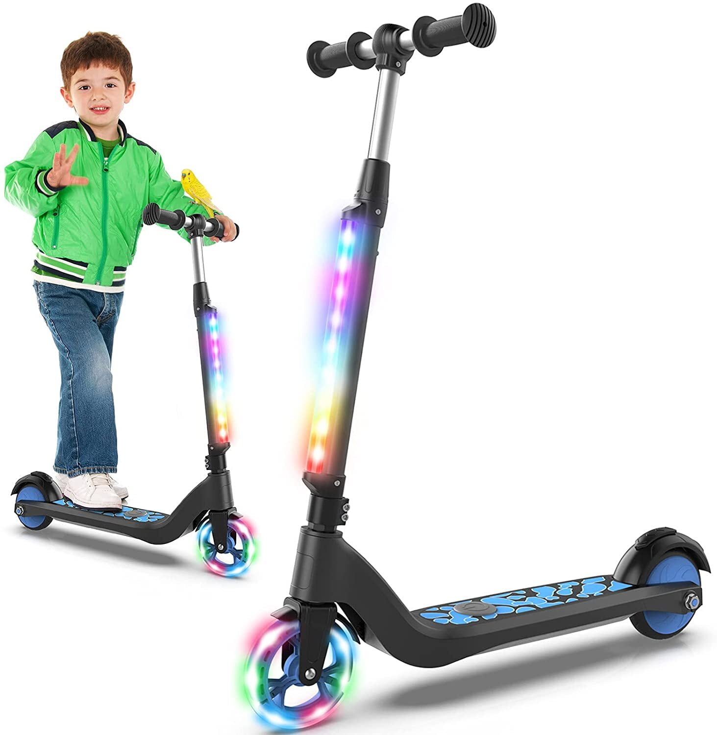 LIEAGLE Kids 2-Wheels Electric Scooter 80W Height Adjustable Kick Scooter  with Flashing Rainbow LED Lights, Up to 4.5 MPH & 5 Miles, YD531 Black 