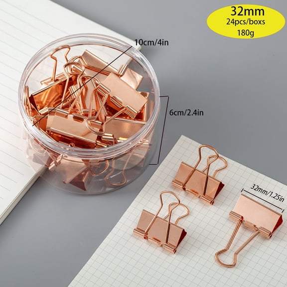 LIERTOUR Document Clips, 1.26 inch Metal Binder Clamps for Bill and Receipt Organization, Black Finish Sturdy Steel Clips with Storage Tub, 24 Pieces Rose Gold