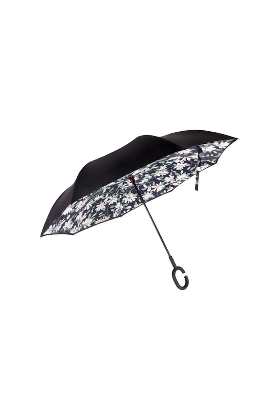 Inverted Umbrella Double Layer Reverse Folding Windproof Sun Protection Parasol with C-Shaped Handle Patterned Fabric Waterproof Sunshade for Car Outdoor Rain Travel