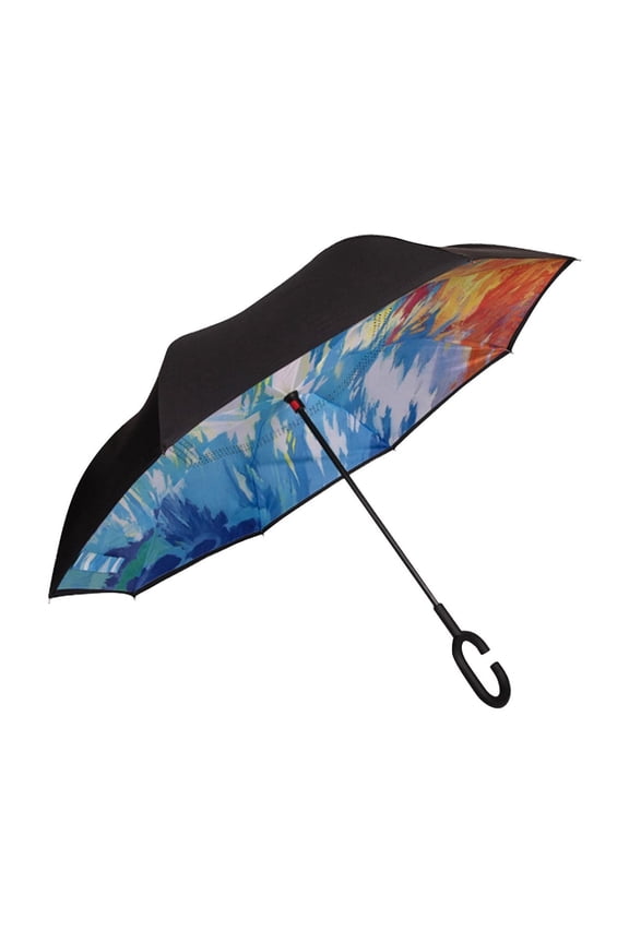 Inverted Umbrella Double Layer Reverse Folding Windproof Sun Protection Parasol with C-Shaped Handle Patterned Fabric Waterproof Sunshade for Car Outdoor Rain Travel