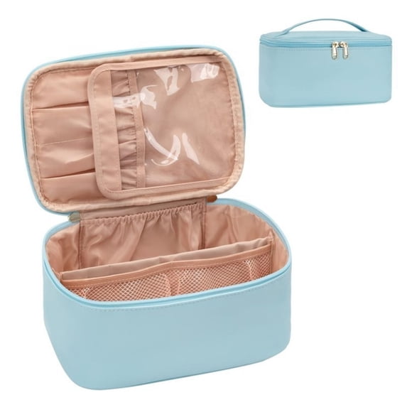 LIERTOUR Makeup Bag Cosmetic Case Large Capacity Travel Organizer with Adjustable Dividers Portable Handle Waterproof Black PU Leather Toiletry Bag for Women Daily Trips
