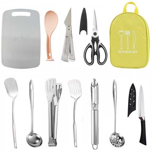 LIERTOUR Outdoor Picnic Utensil Set, 12 Piece Portable Camping Kitchen Tool Kit for Travel and Barbecue, Stainless Steel Dining Equipment with Bag, 1 Pack Green