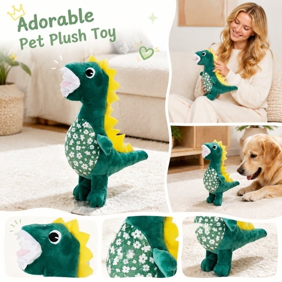 LIERTOUR Pet Plush Toy Green Dinosaur Durable Plush Squeaky Interactive Toy for Chewing And Cuddling Fun for Dogs And Cats in the Home or Yard Play Occasions Fun