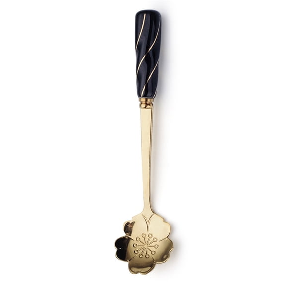 LIERTOUR Stainless Steel Flower Spoon Elegant Ceramic Handle Mixing Spoons for Coffee Tea Dessert Sugar Home Kitchen Office Use Stylish Floral Pattern Stirring Tool Gift Black
