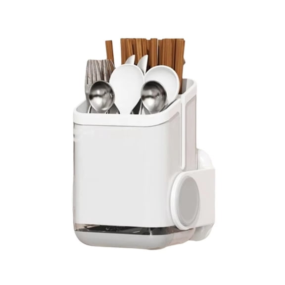 LIERTOUR Utensil Holder, Wall Mounted and Rotatable Chopstick Cage for Kitchen Countertop with No Drill Design, Dual Use Storage Rack for Forks and Spoons, 1pcWhite