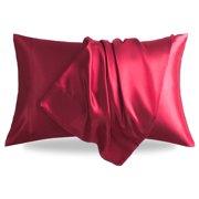 LIFCOM Satin Pillowcase Set of 2 for Hair and Skin, Silky Standard Pillow Case with Envelope Closure ,20"×26", Wine Red