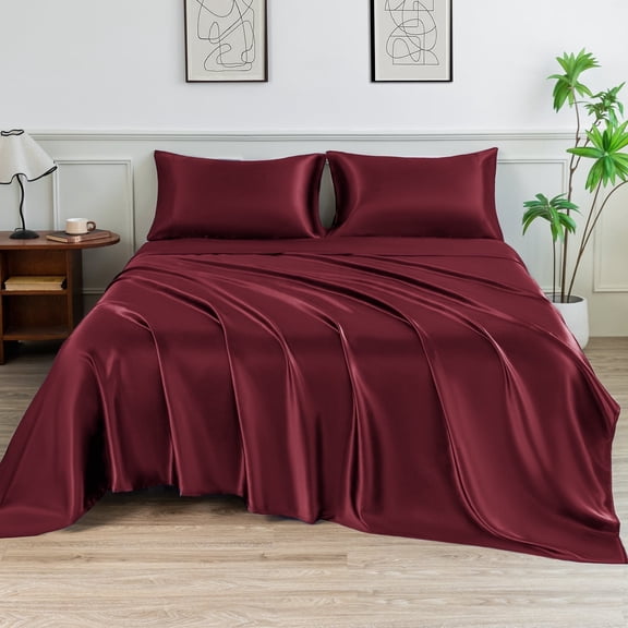 LIFCOM Satin Sheets Set Full Size Burgundy,4Pcs Luxury Silky Bedding Set with 15 Inches Deep Pocket for Mattress
