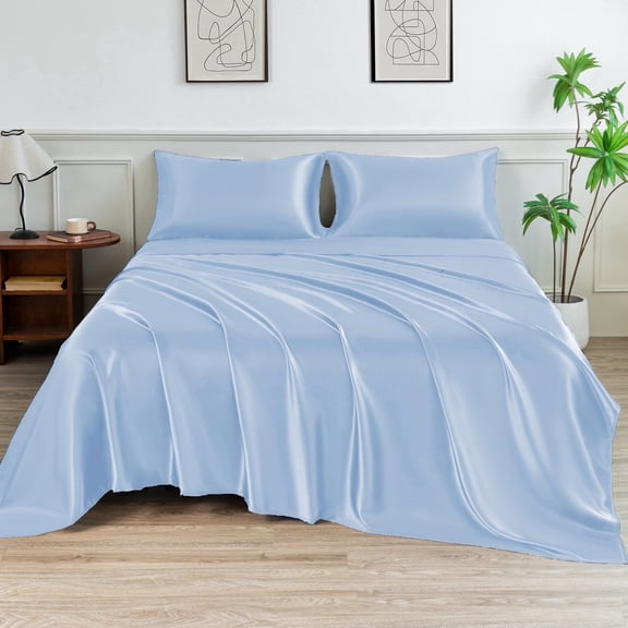 LIFCOM Satin Sheets Set Full Size Light Blue,4Pcs Luxury Silky Bedding Set with 15 Inches Deep Pocket for Mattress
