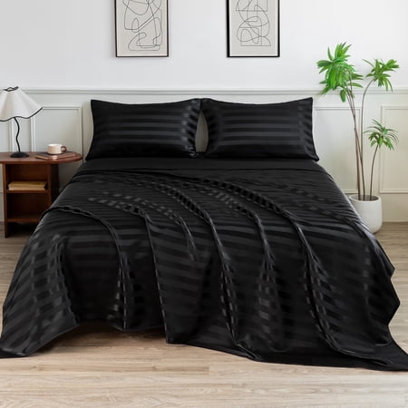 LIFCOM Satin Sheets Set Full Size Striped Black,4Pcs Luxury Silky Bedding Set with 15 Inches Deep Pocket for Mattress