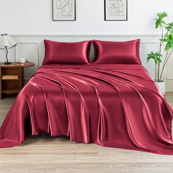 LIFCOM Satin Sheets Set Full Size Wine Red,4Pcs Luxury Silky Bedding Set with 15 Inches Deep Pocket for Mattress