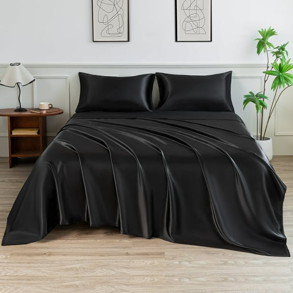 LIFCOM Satin Sheets Set King Size Black,4Pcs Luxury Silky Bedding Set with 15 Inches Deep Pocket for Mattress
