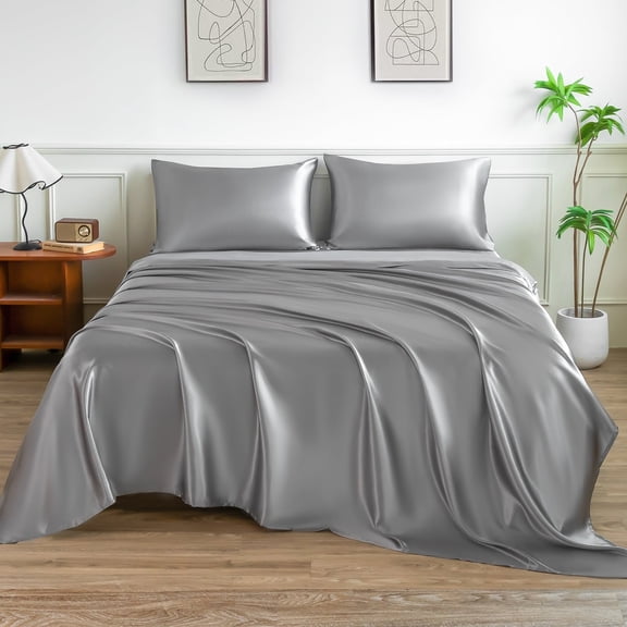 LIFCOM Satin Sheets Set King Size Silver Grey,4Pcs Luxury Silky Bedding Set with 15 Inches Deep Pocket for Mattress
