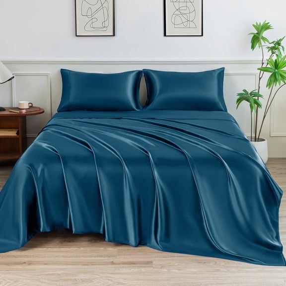 LIFCOM Satin Sheets Set King Size Teal,4Pcs Luxury Silky Bedding Set with 15 Inches Deep Pocket for Mattress