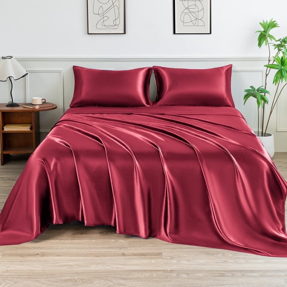 LIFCOM Satin Sheets Set King Size Wine Red,4Pcs Luxury Silky Bedding Set with 15 Inches Deep Pocket for Mattress
