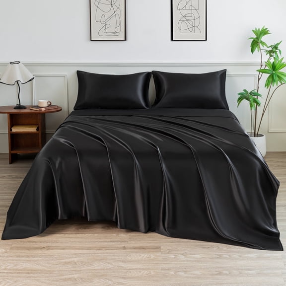 LIFCOM Satin Sheets Set Queen Size Black,4Pcs Luxury Silky Bedding Set with 15 Inches Deep Pocket for Mattress
