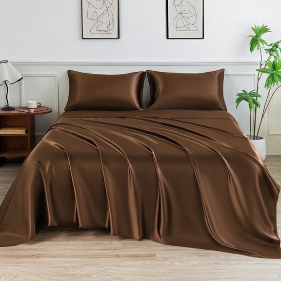 LIFCOM Satin Sheets Set Queen Size Brown,4Pcs Luxury Silky Bedding Set with 15 Inches Deep Pocket for Mattress
