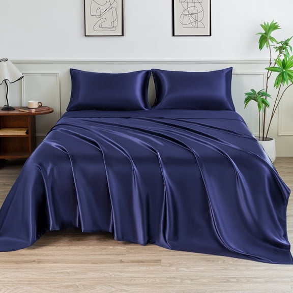 LIFCOM Satin Sheets Set Queen Size Navy Blue,4Pcs Luxury Silky Bedding Set with 15 Inches Deep Pocket for Mattress