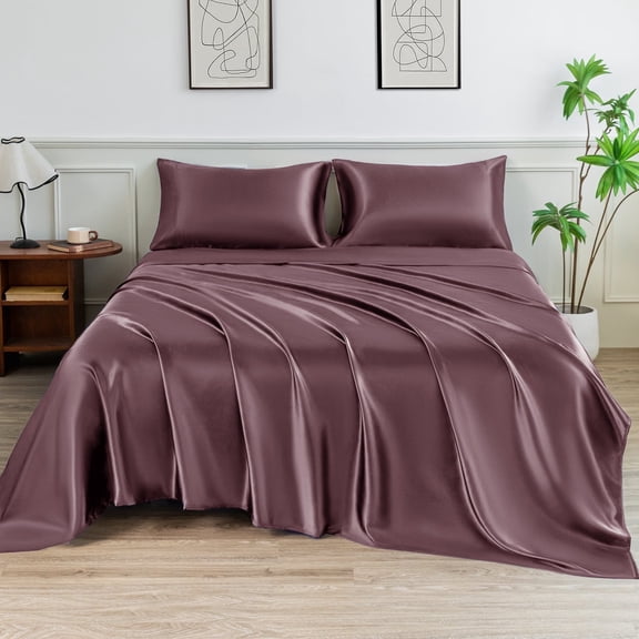 LIFCOM Satin Sheets Set Queen Size Rose Taupe,4Pcs Luxury Silky Bedding Set with 15 Inches Deep Pocket for Mattress