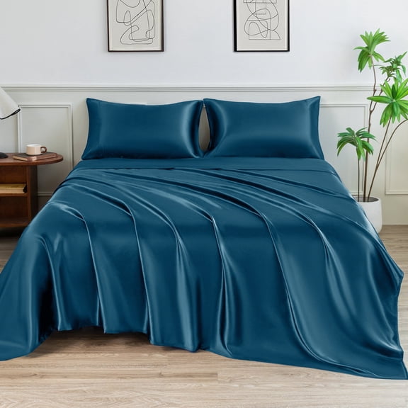 LIFCOM Satin Sheets Set Twin XL Size Teal,3Pcs Luxury Silky Bedding Set with 15 Inches Deep Pocket for Mattress