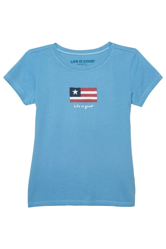 GIRLS TOP - FLAG STRIPE SZ 10 LARGE - BLUE TEE SHIRT GRAPHIC