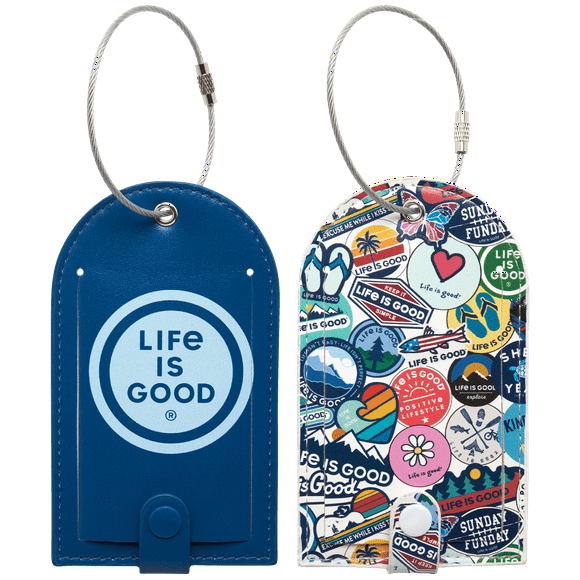 LIFE IS GOOD Luggage Tag - 2 Piece Vegan Leather Travel Suitcase Tag with Name Card - Baggage ID Label with Steel Loop Fastener