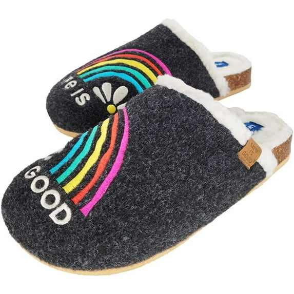 LIFE IS GOOD Women's Closed Toe Mule Slippers, 302891W - Indoor/Outdoor Soft Slip-on - Comfortable Lightweight Plush Slide with Cushioned Support & EVA Outsoles Heather Charcoal/Rainbow - Size 11