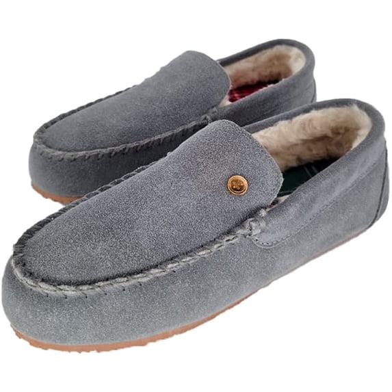 LIFE IS GOOD Women's Venetian Moccasin Slippers, 302795W - Suede Close Back Indoor/Outdoor Slip-Ons with Faux Fur or Plaid Lining Cushioned Footbed & EVA Outsoles Seal Gray/Plaid - Size 7