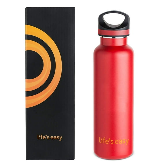 LIFE'S EASY 20 oz. Sports Insulated Water Bottle with Lid. Stainless Steel Vacuum Double Wall Thermo for Modern Hot and Cold Drinks, Simple Metal Hydro Canteen for Travel Men and Women (Red)