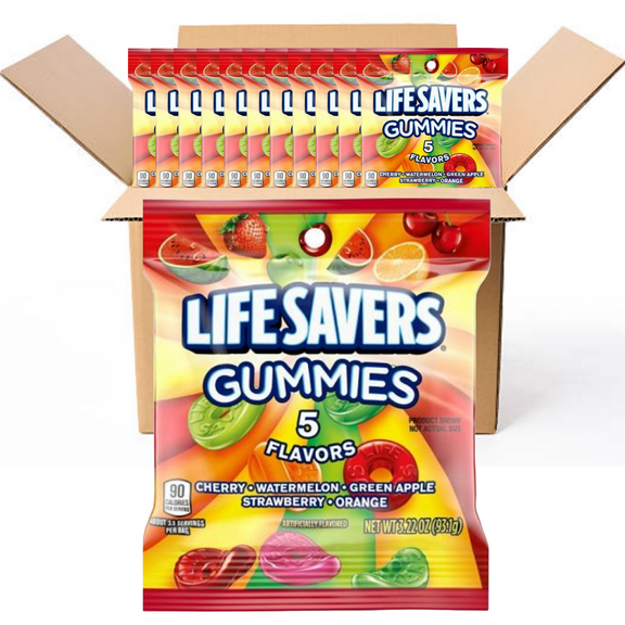 LIFE SAVERS 5 FLAVORS GUMMIES Bag 3.22 Ounce (Fresh Pack of 12 BOXED CASE) Great For Convenience Stores Retailers Or Just Stock Up.