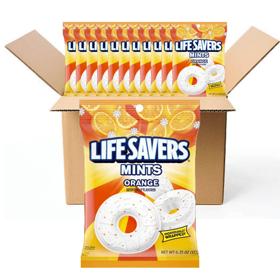 LIFE SAVERS ORANGE MINT Bag 6.25 Ounce Fresh Individually Wrapped (Pack of 12 BOXED CASE) Great For Convenience Stores Retailers Or Just Stock Up.