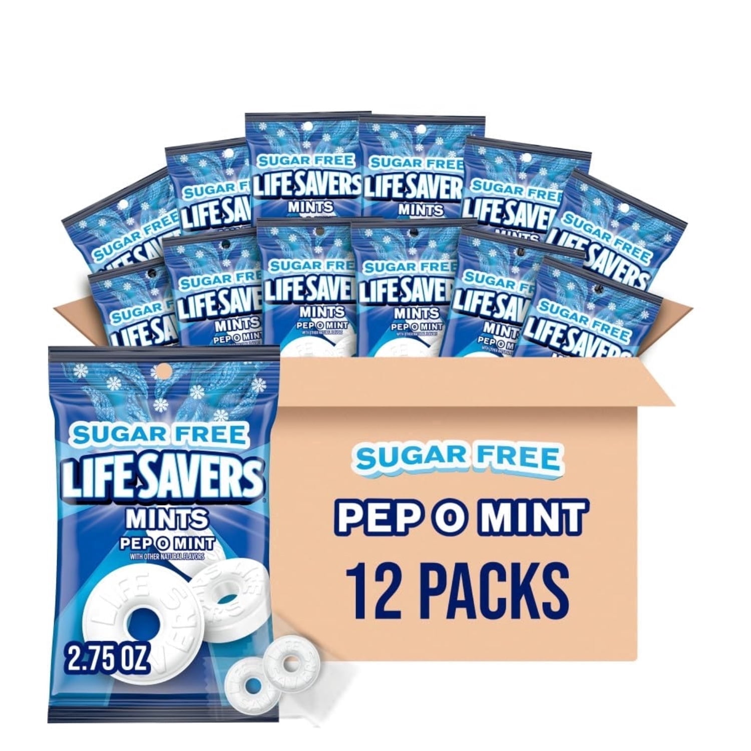 LIFE SAVERS Pep-O-Mint Sugar Free Mints | Sugar Free Hard Candy | 2.75 oz Bag | Pack of 12 | Peppermint Flavor | Ships in an Aromatik™ Damage Proof Box