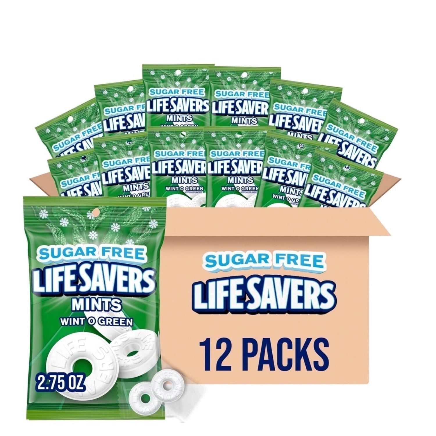 LIFE SAVERS Wint‑O‑Green Sugar Free Breath Mints | Wintergreen Sugar Free Hard Candy | 2.75 oz Travel Size Bags | Pack of 12 Fresh Breath Mints | Bulk Mints | Ships in an Aromatik™ Damage Proof Box