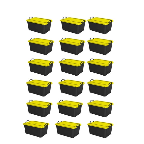 Life Story 55 Qt Stackable Storage Bin, Heavy Duty Lidded Container, Black/Yellow, 18 Pack