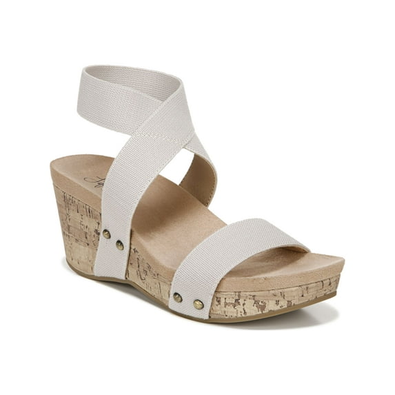 LIFE STRIDE Womens Beige 1/2" Platform Studded Stretch Comfort Cork-Like Ankle Strap Cushioned Del Mar Round Toe Wedge Slip On Slingback Sandal 9.5 M