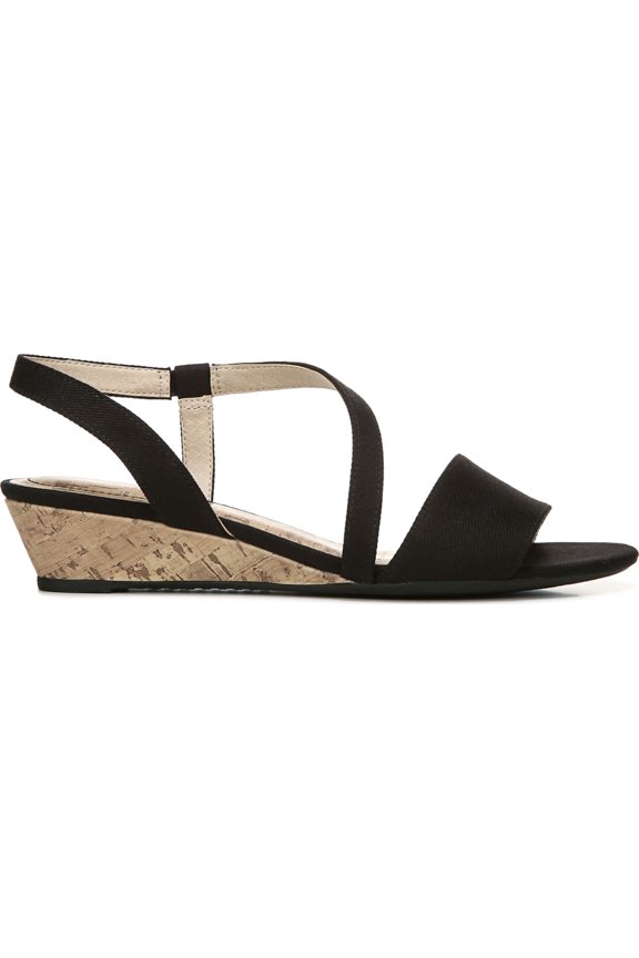 LIFE STRIDE Womens Black Traction Sole Faux Cork Strappy Asymmetrical Cushioned Yasmine Round Toe Wedge Slip On Slingback Sandal 7.5 M