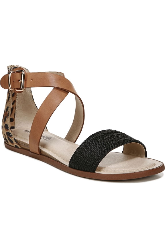 LIFE STRIDE Womens Brown Leopard Print Woven Strappy Buckle Accent Comfort Riley Round Toe Wedge Zip-Up Sandals 7.5 M