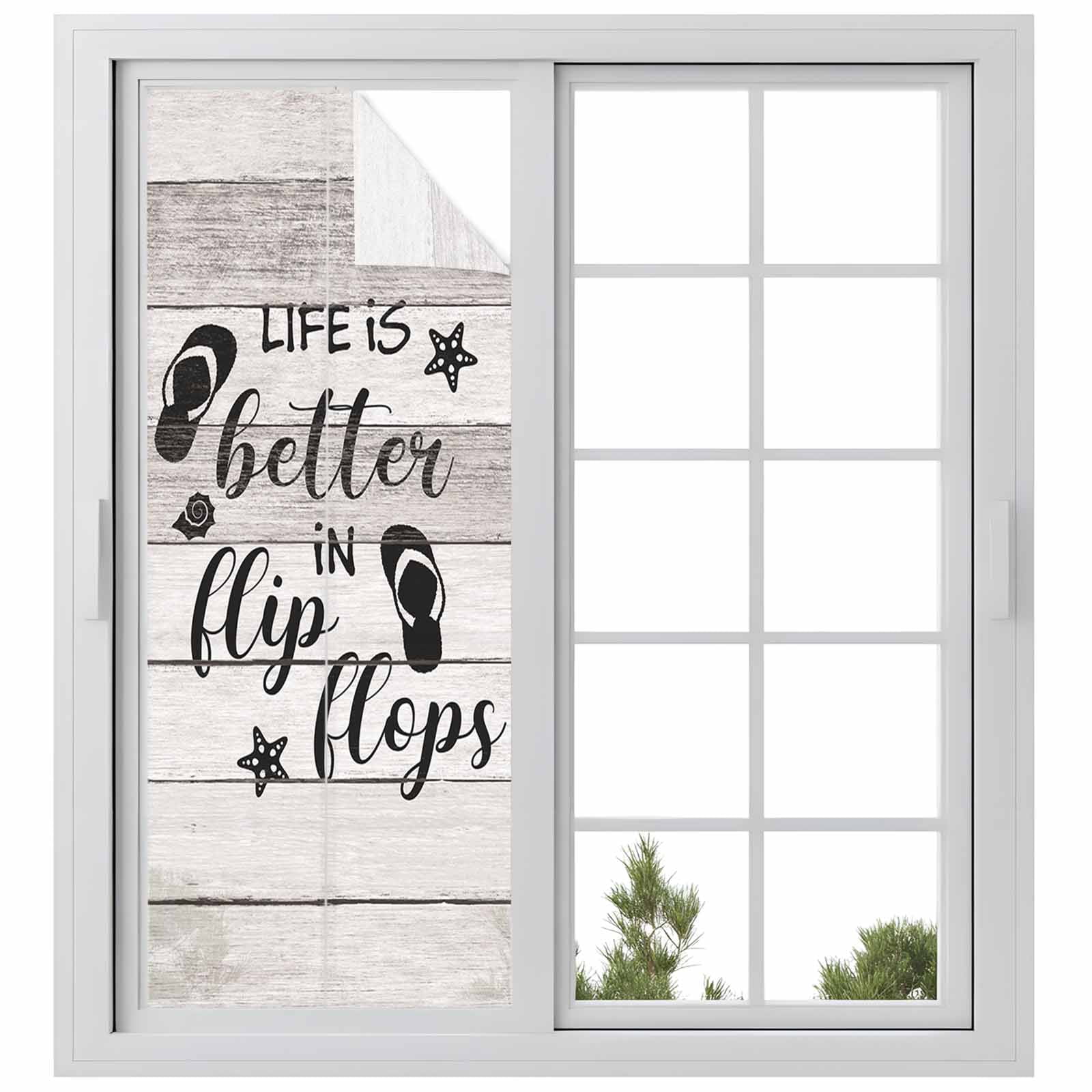 LIFE IS Window Privacy Film, BETTER IN FLIP FLOPS Starfish Wood Grain Frosted Glass Window Clings Static Cling UV Heat Blocking Reusable Door Sticker for Bathroom 23.6 x 59 Inch
