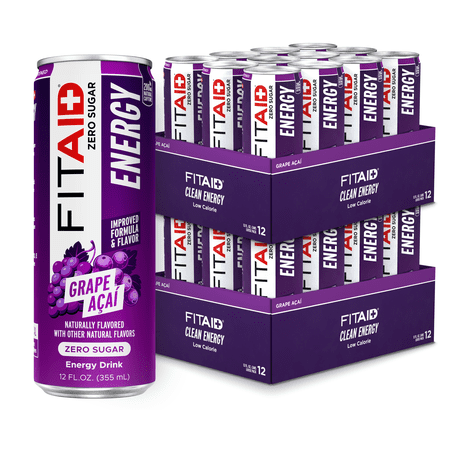 FITAID ENERGY Drink, 200mg Natural Caffeine, Grape Acai 12-oz (Pack of 24)