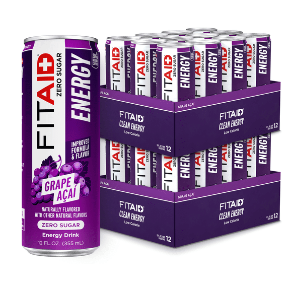 FITAID ENERGY Drink, 200mg Natural Caffeine, Grape Acai 12-oz (Pack of 24)