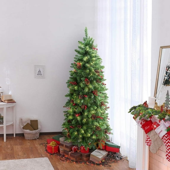 Jostyle 4.5FT Prelit Slim Christmas Tree, Decorated with 150 Clear Lights and Realistic 452 Thicken Tips, Pine Cone Red Berriers, Hinged Metal Stand