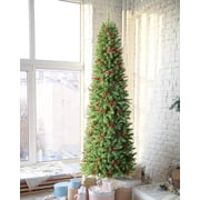 OasisCraft 6.5FT Prelit Slim Christmas Tree Pine Tree Decorated with 250 Clear Lights, Pine Cone and Red Berries for Festive Holiday Decor Metal Stand