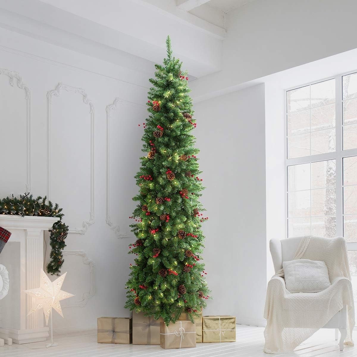 LIFEFAIR 9FT Outdoor Pre-lit Slim Christmas Pine Tree - 500 Lights ...