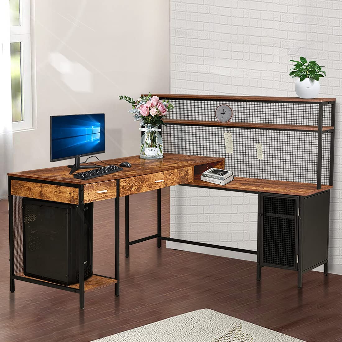 Lifefair L-Shaped Computer Desk Corner Home Office Desks Work Table with Multiple Shelves Drawer Brown