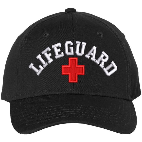 LIFEGUARD + CROSS Baseball Hat | Structured Life Guard Red White Cross Beach Rescue Watch Pool Safety Duty Uniform Cap (BlackWithLifeguardCross)