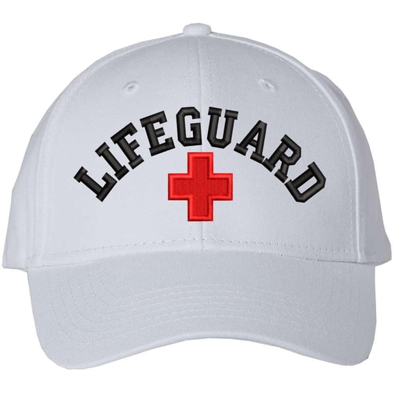 LIFEGUARD + CROSS Baseball Hat | Structured Life Guard Red White Cross Beach Rescue Watch Pool Safety Duty Uniform Cap (WhiteWithLifeguardCross)
