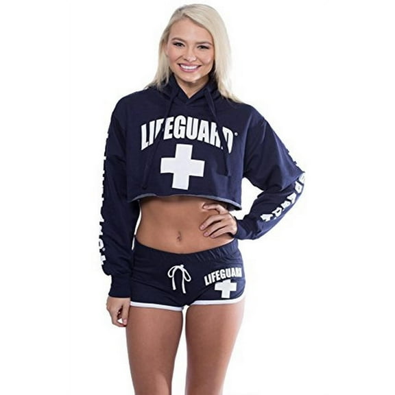 LIFEGUARD Licensed Cropped Pullover Ladies Hoodie (Navy, Medium)