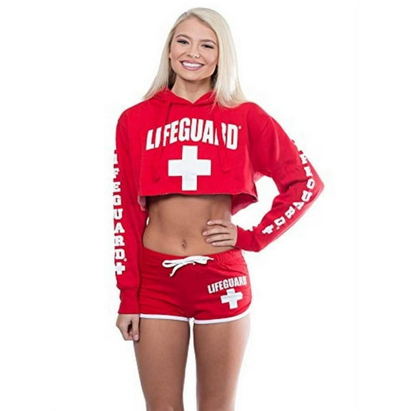 LIFEGUARD Licensed Cropped Pullover Ladies Hoodie (Red, Medium)