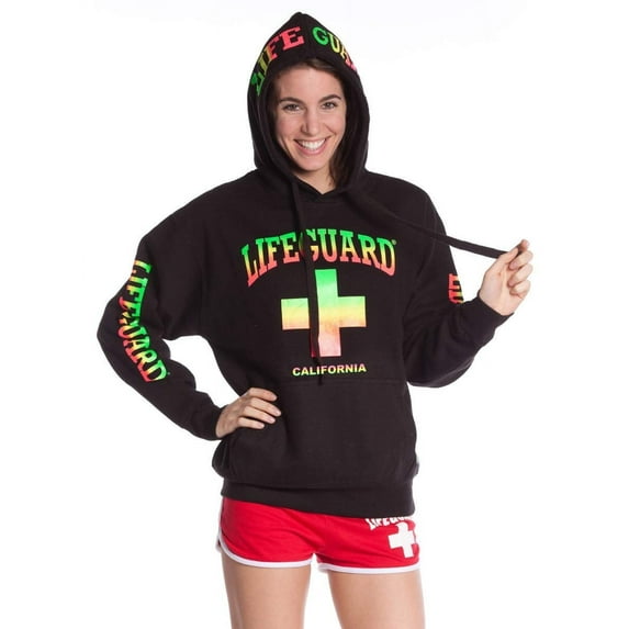 LIFEGUARD Officially Licensed Black Sweatshirt with Neon Blend Print on Hood Sleeves and Chest Men and Women Unisex Fit (Black-California, S)